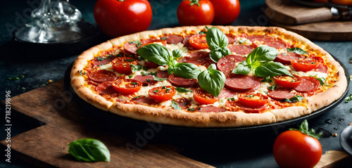 Tasty pepperoni pizza and tomatoes. Pepperoni pizza with salami