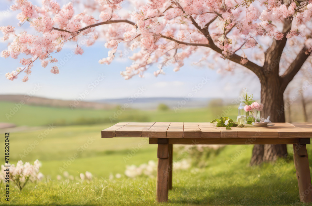 wooden table with spring landscape view and pink spring blooming flowers