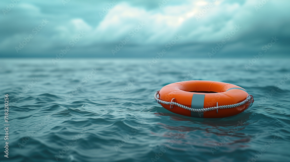 lifebuoy floats in the sea in cloudy weather