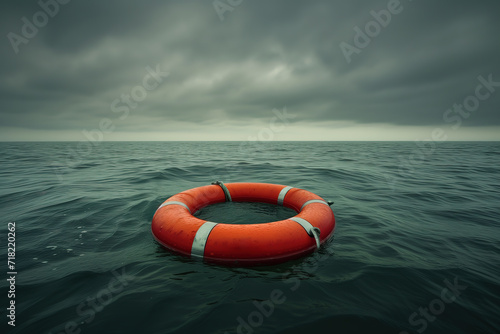 lifebuoy floats in the sea in cloudy weather
