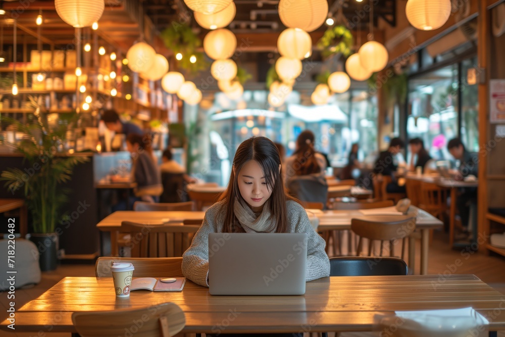 Young Asian woman focused on her laptop in a cozy cafe adorned with paper lanterns. Concentrated freelancer working remotely in a well-lit coffee shop with ambient lighting.