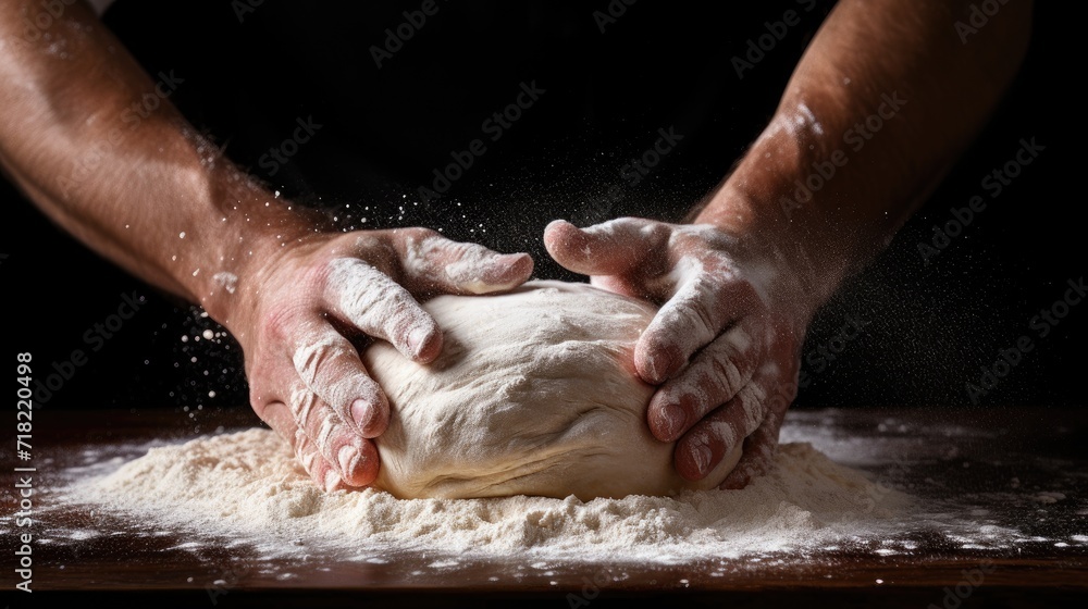 skilled hands kneading dough on a dramatic black background.