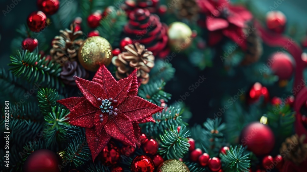 A detailed view of a Christmas wreath adorned with festive ornaments. Perfect for holiday decorations and greeting cards