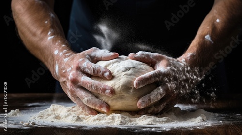 skilled hands kneading dough on a dramatic black background.