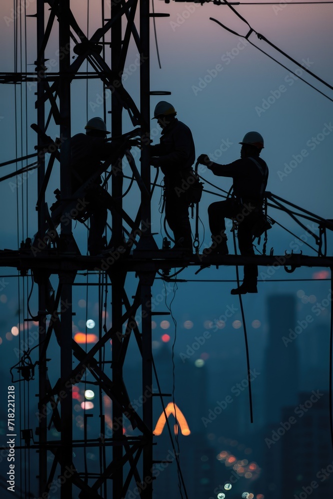 Two men standing on top of a power pole. This image can be used to depict maintenance work, electrical infrastructure, or teamwork in dangerous environments Two men standing on top of a power pole. This image can be used to depict maintenance work, electrical infrastructure, or teamwork in dangerous environments