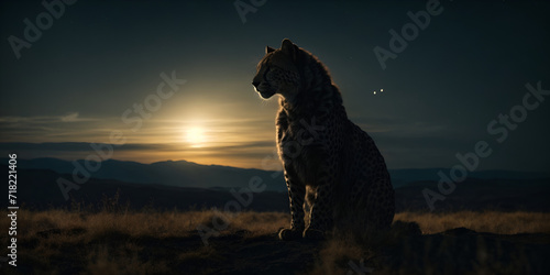 A black cheetah, cloaked in night's velvet, steals across the savannah. Its spotted coat, dusted with stardust, shimmers under the celestial gaze.  photo