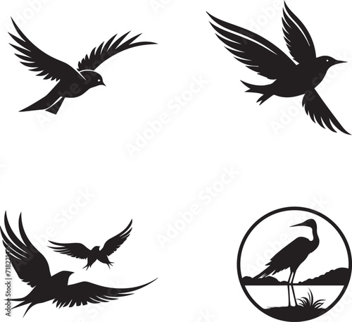 Set of Birds Flying black silhouettes on white background