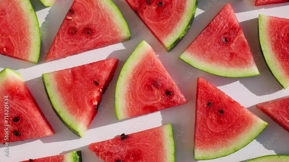Red fresh watermelon sliced into triangles rotate in sunlight on isolated white background for your top view design. Healthy fruit berries. Summer fresh fruit snack. Red fresh watermelon sliced into triangles rotate in sunlight on isolated white background for your top view design. Healthy fruit berries. Summer fresh fruit snack.
