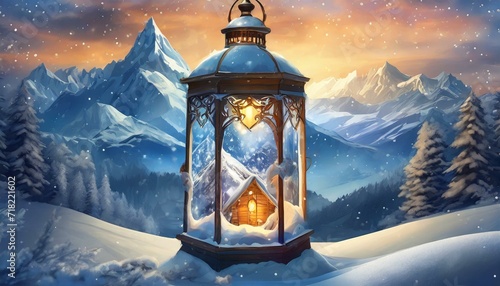 Échos Hivernaux : Les Alpes enneigées, Maisonnette sous le Manteau Blanc, dans un Panorama Gelé. Scène de Noël sous le Ciel Bleu, entre Brumes et Arbres, une Architecture Figée dans le Paysage photo
