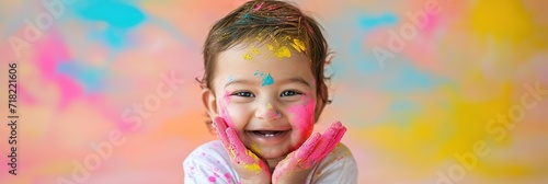 holi spring festival, portrait joyful child playing with holi colors, kids festive activities and drawing classes concept banner.