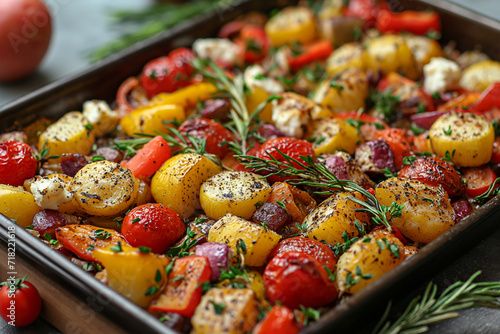 Baked vegetables with feta cheese in a baking dish. photo