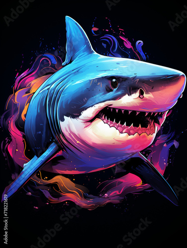 simple neon shark  tshirt design  black background   reated with Generative Ai