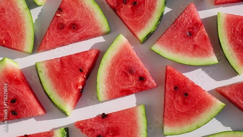 Red fresh watermelon sliced into triangles rotate in sunlight on isolated white background for your top view design. Healthy fruit berries. Summer fresh fruit snack.  photo