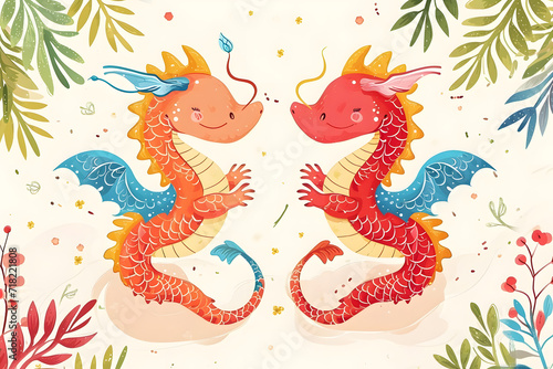 Chinese New Year background with dragon cute cartoon.