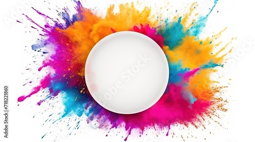 Colorful empty frame for text, Vivid Holi Festival Sale Banner, Explosion of Powder for Holiday Promotions or Birthday Events on white background.