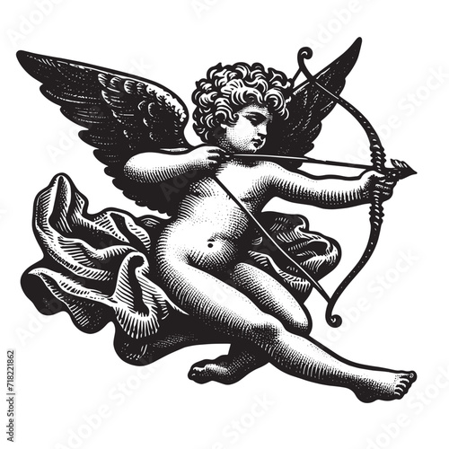 Cute antique cupid with wings. Flies and shoots arrows from a bow. Renaissance. Love. Valentine's Day. Vintage engraved black illustration. Icon, isolated object