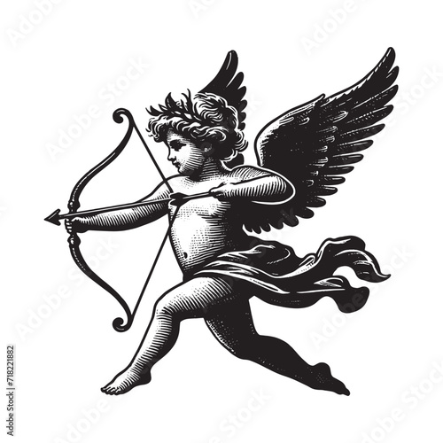 Cute antique cupid with wings. Flies and shoots arrows from a bow. Renaissance. Love. Valentine's Day. Vintage engraved black illustration. Icon, isolated object