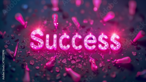 Pink LED Success concept creative horizontal art poster. Photorealistic textured word Success on artistic background. Horizontal Illustration. Ai Generated Achievement and Victory Symbol.