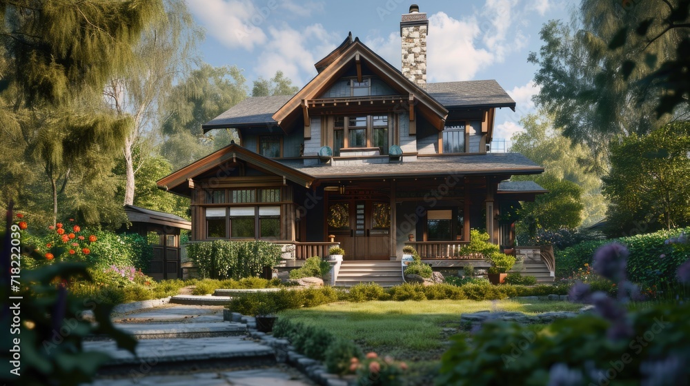 A picture of a house situated in the middle of a vibrant and lush green yard. Ideal for real estate, landscape, and nature-related projects A picture of a house situated in the middle of a vibrant and lush green yard. Ideal for real estate, landscape, and nature-related projects