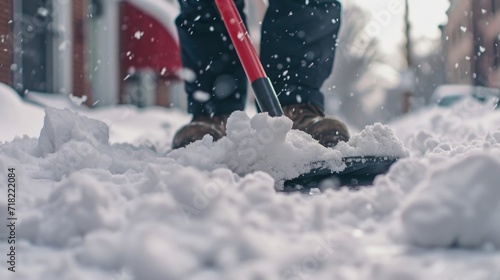 A person is shoveling snow using a red shovel. This image can be used to depict winter activities or snow removal