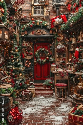 A vibrant red door adorned with festive Christmas decorations. Perfect for adding a touch of holiday cheer to any project or design