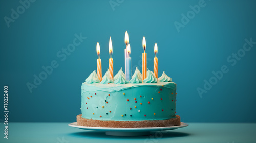 A cheerful blue birthday cake with striped candles ready for a celebration, presented on a matching blue background