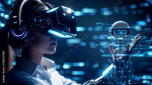 A person wearing VR headset interacting with a virtual chat bot, chat bot concept, dynamic and dramatic compositions, with copy space © Катерина Євтехова