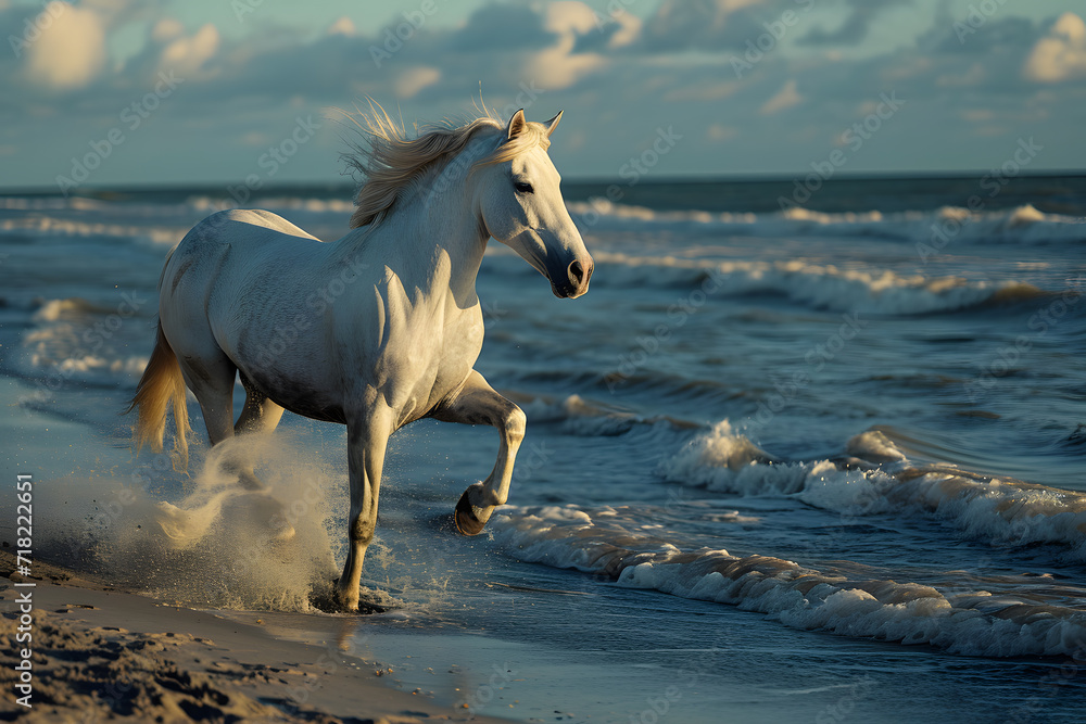 Gorgeous white horse galloping along the beach