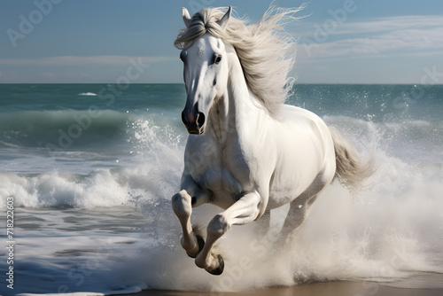 Gorgeous white horse galloping along the beach