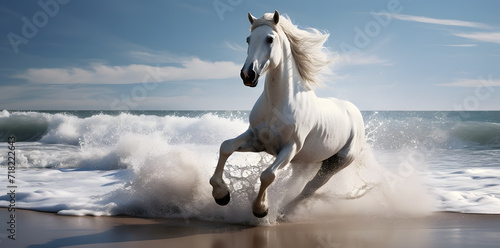 Gorgeous white horse galloping along the beach photo
