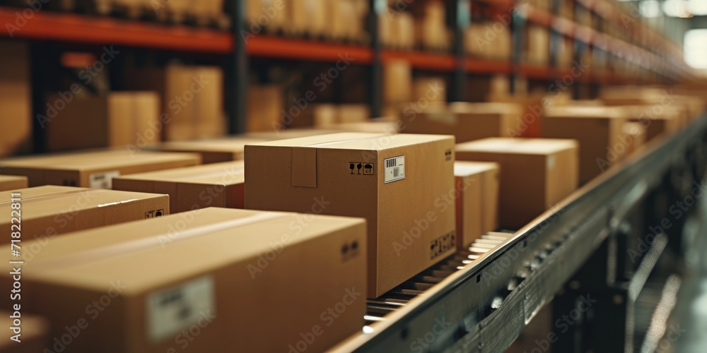 A warehouse filled with numerous boxes on a moving conveyor belt. Perfect for illustrating a busy industrial setting or logistics operations A warehouse filled with numerous boxes on a moving conveyor belt. Perfect for illustrating a busy industrial setting or logistics operations