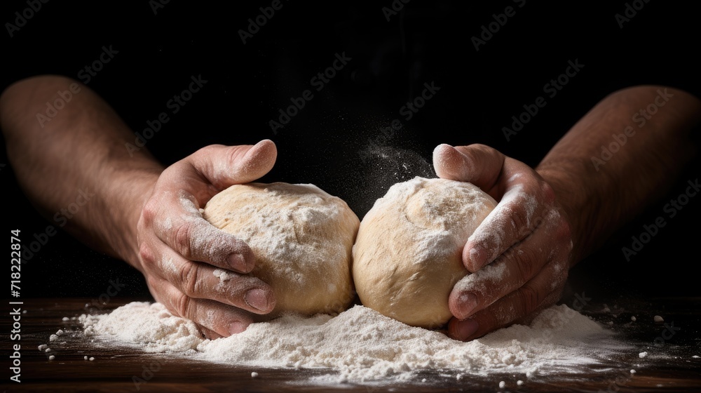 skilled hands kneading dough on a dramatic black background. skilled hands kneading dough on a dramatic black background.