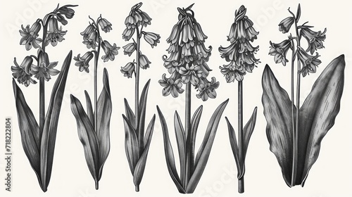 Vintage Engraving Style Bluebell Collection with Spring Flowers - AI Generated photo