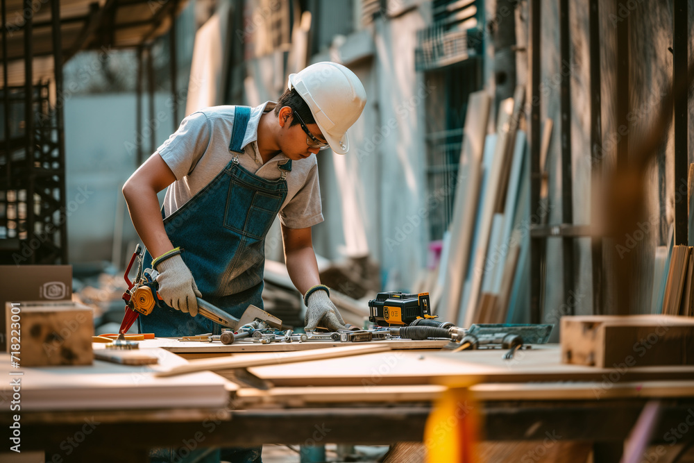 Diligent constructor in hardhat using measuring tape on wood during a building project with a backdrop of construction tools Diligent constructor in hardhat using measuring tape on wood during a building project with a backdrop of construction tools