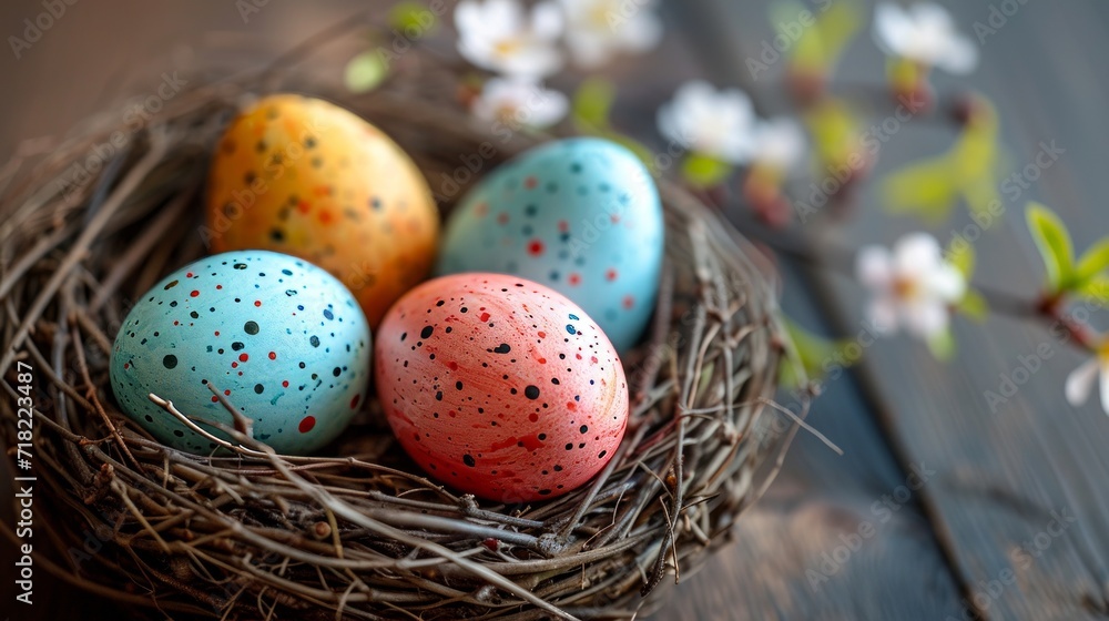 Colorful Easter Eggs in Nest on Wooden Background - AI Generated