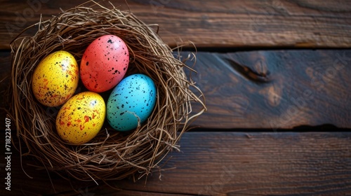 Colorful Easter Eggs in Nest on Wooden Background - AI Generated