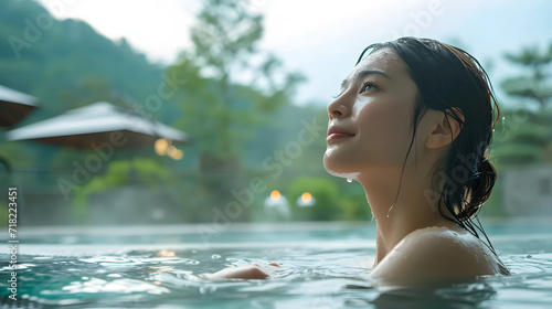 Beautiful young woman soaking in pool at Onsen.