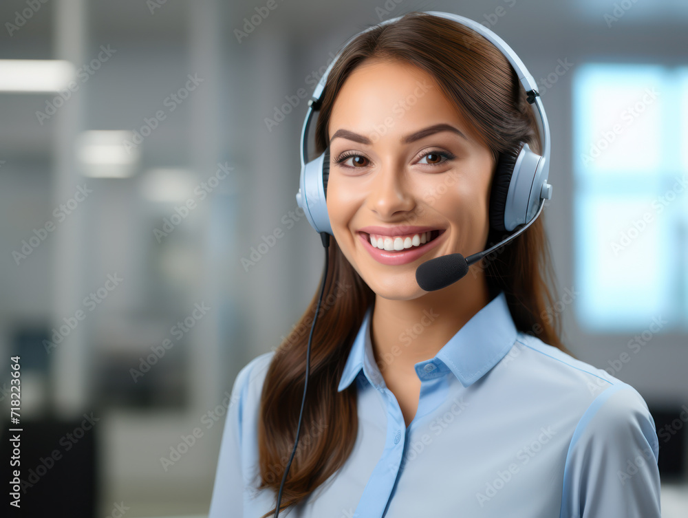 Portrait of customer service woman with headphones on office Portrait of customer service woman with headphones on office