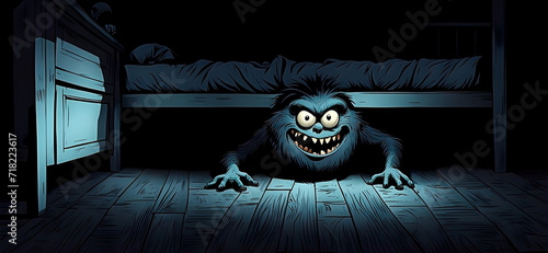 Scary nightmare monster under a kid bed. Cartoon style.