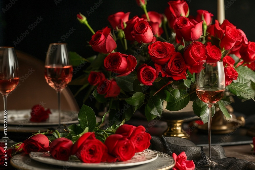 Opulent indulgence paired with a bouquet of vibrant red roses Opulent indulgence paired with a bouquet of vibrant red roses