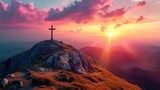 Sunset Cross on Mountain - AI Generated
