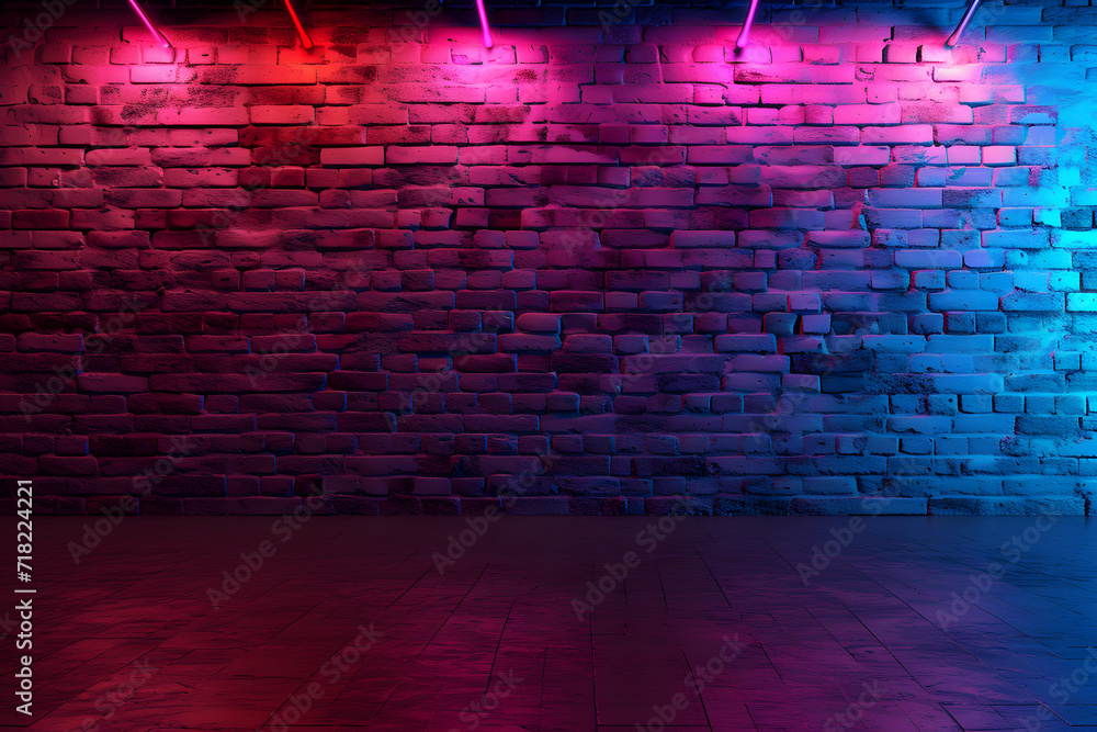 Room with brick wall and neon lights background.