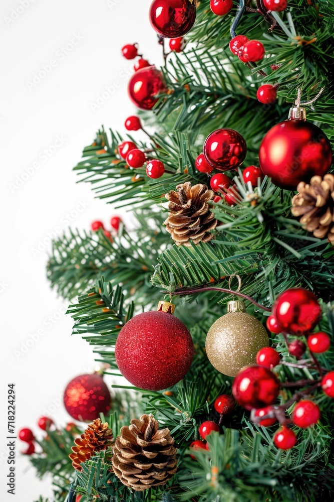 A festive Christmas tree adorned with elegant red and gold ornaments. Perfect for holiday decorations and festive-themed designs