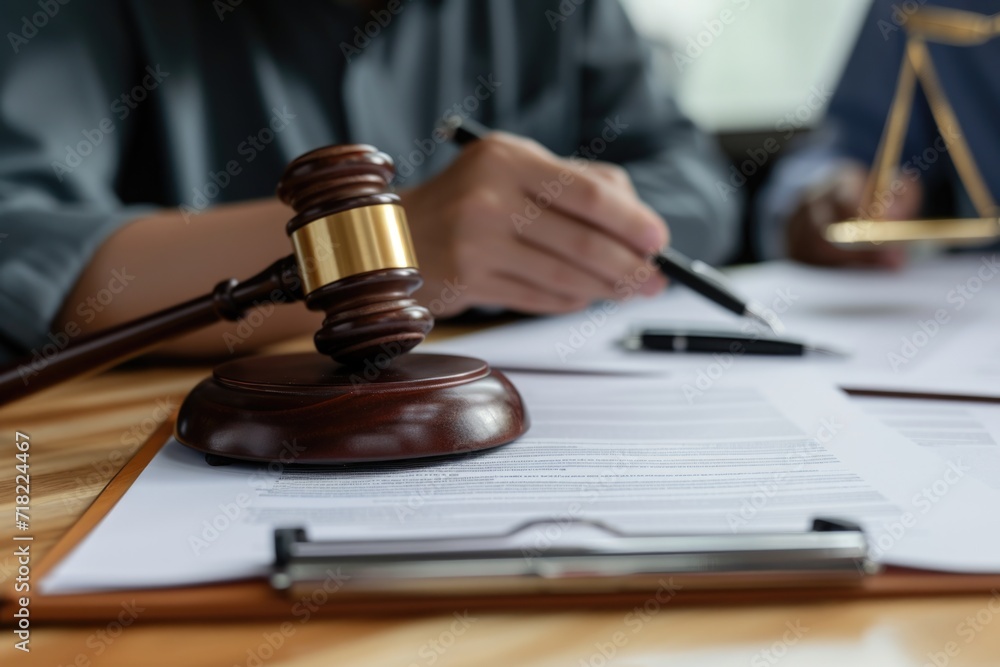 A wooden gavel and a calculator sitting on top of a table. Suitable for legal and financial concepts