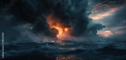 Dramatic stormy sunset over the sea with a huge cloud above it 