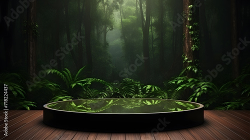 blank circle podium for product presentation wood forest background