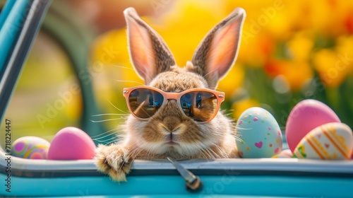 Cute Easter Bunny with Sunglasses in Easter Egg-Filled Car - AI Generated