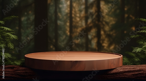 blank circle podium for product presentation wood forest background