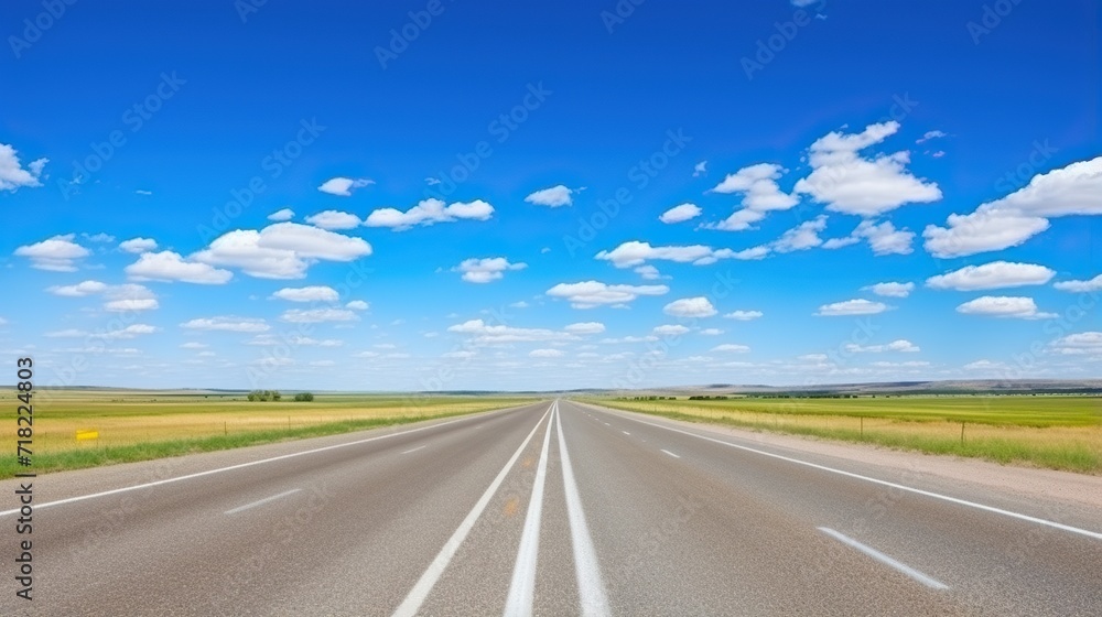 highway in the grassland background of blue sky and bright clouds, long road stretches into the distance. empty street on a beautiful sunny day