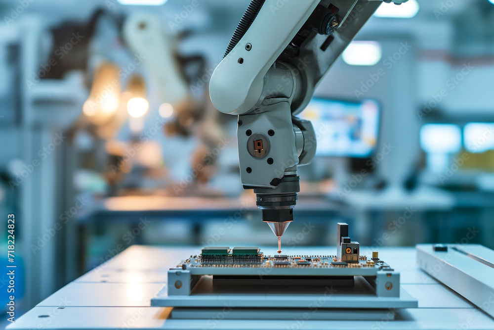 Robotic technology in use during the placement of a microchip on a motherboard. Automation in Microchip Manufacturing Robotic technology in use during the placement of a microchip on a motherboard. Automation in Microchip Manufacturing